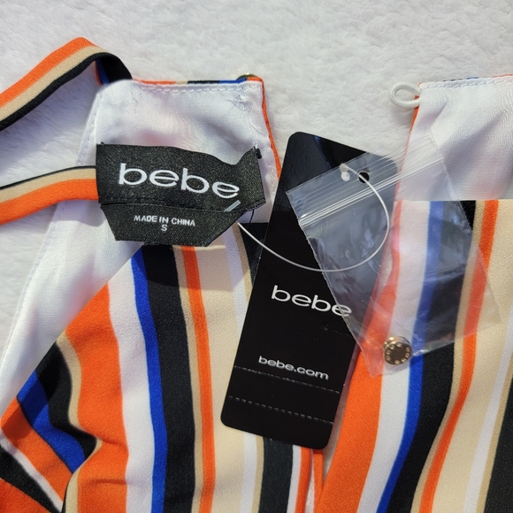 NWT Bebe Striped Halter Romper V Neck Gold Metal Trim Back Zip Size Small - Picture 8 of 15